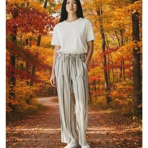 Rewash Brand Women's SZ S Linen Blend Pants Striped Beige Brown Straight Leg